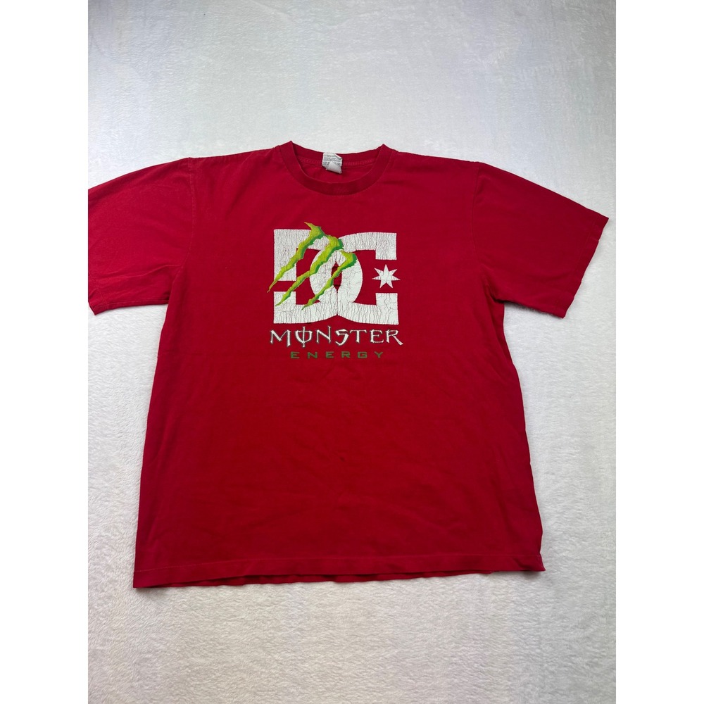 DC Shoes Monster Energy T-Shirt Mens Red Graphic Skate Moto Distressed Tee